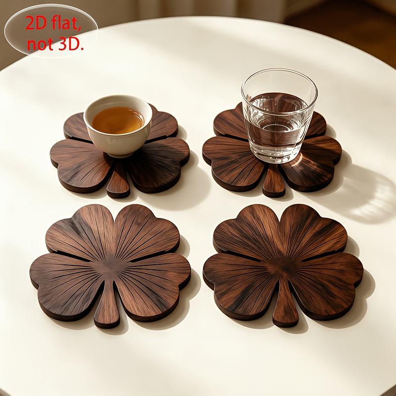 Coffee Tea Mix - 4Pcs 2D Flat Clover Wooden Coasters,
